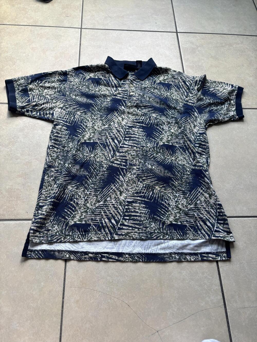 Trader Bay Polo Shirt Mens Large Blue Tropical Palm Leaf Print Cotton Casual